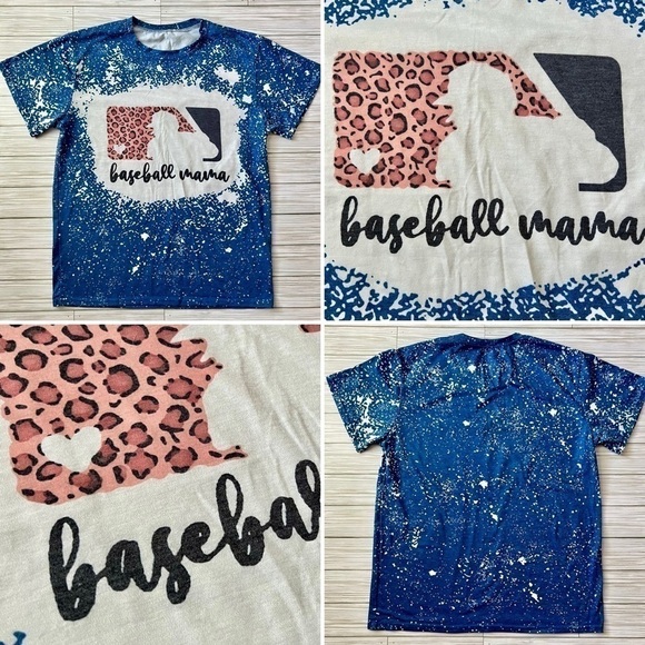 MLB Baseball Mama Mom Graphic Short Sleeve Shirt Blue Cheetah Print Size Medium - Picture 3 of 11